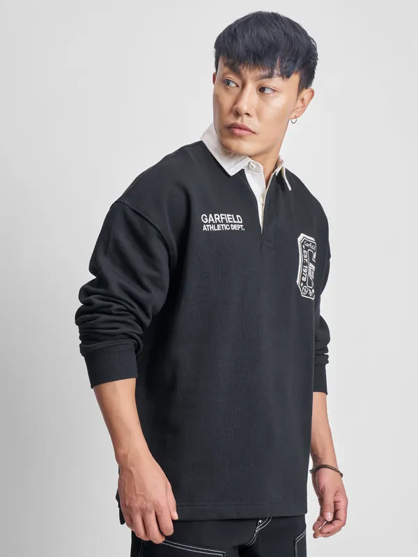 Highlander Men Black Garfield Shirt Collar Pullover Sweatshirt