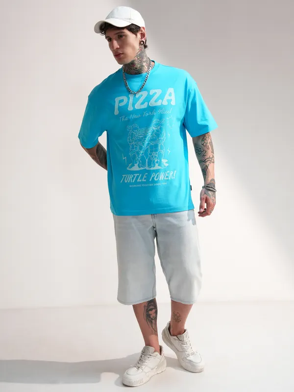 Highlander Men Blue Ninja Turtles Printed Round Neck Oversized Fit T-Shirt