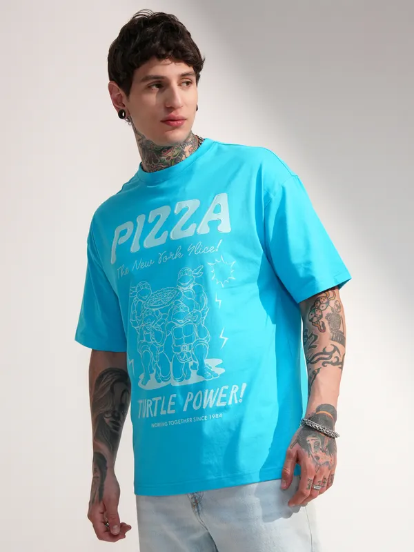 Highlander Men Blue Ninja Turtles Printed Round Neck Oversized Fit T-Shirt