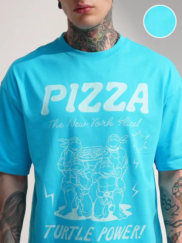 Highlander Men Blue Ninja Turtles Printed Round Neck Oversized Fit T-Shirt