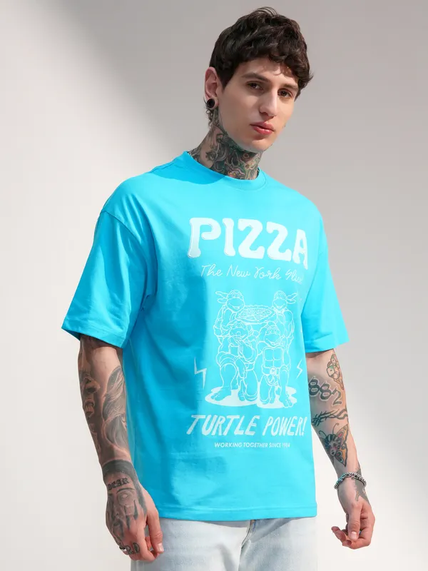 Highlander Men Blue Ninja Turtles Printed Round Neck Oversized Fit T-Shirt