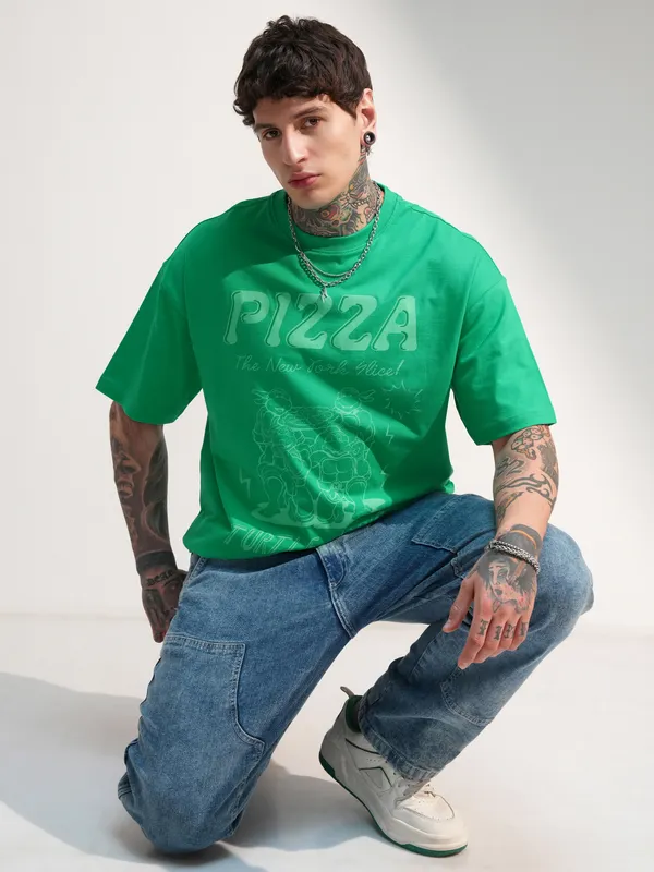 Highlander Men Green Ninja Turtles Printed Round Neck Oversized Fit T-Shirt