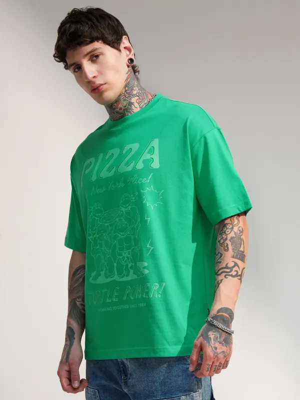 Highlander Men Green Ninja Turtles Printed Round Neck Oversized Fit T-Shirt