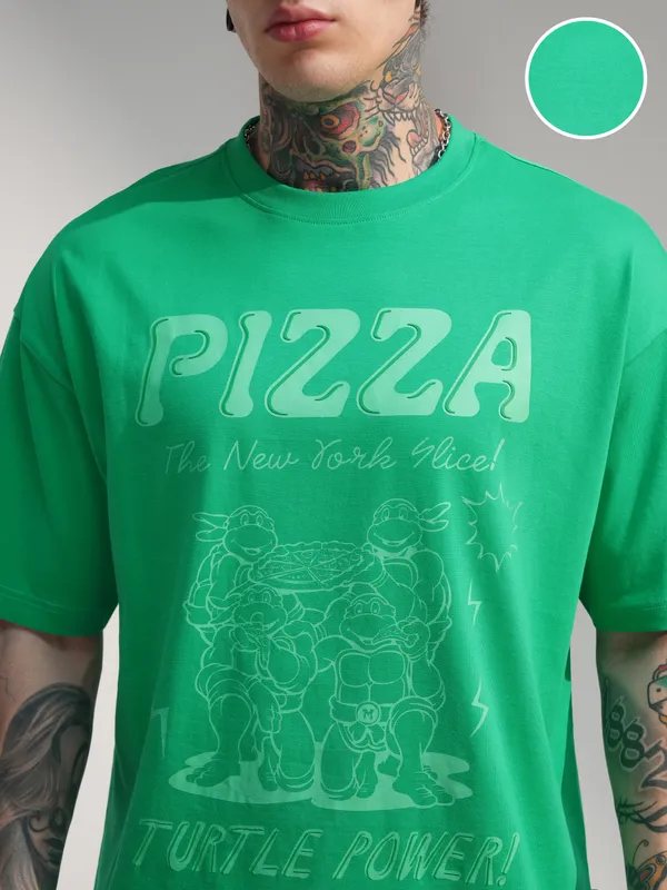 Highlander Men Green Ninja Turtles Printed Round Neck Oversized Fit T-Shirt