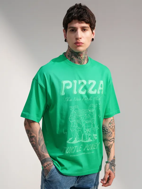 Highlander Men Green Ninja Turtles Printed Round Neck Oversized Fit T-Shirt