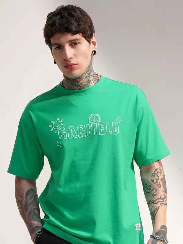 Highlander Men Green Garfield Printed Round Neck T-Shirt