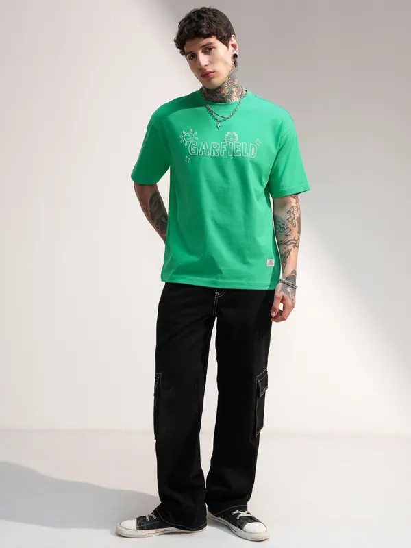 Highlander Men Green Garfield Printed Round Neck T-Shirt