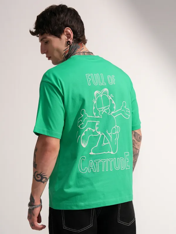 Highlander Men Green Garfield Printed Round Neck T-Shirt
