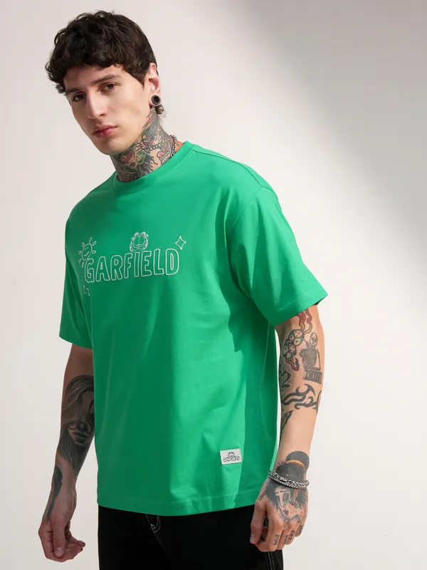 Highlander Men Green Garfield Printed Round Neck T-Shirt