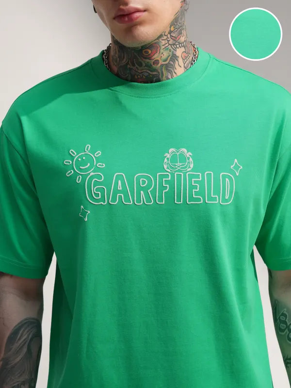 Highlander Men Green Garfield Printed Round Neck T-Shirt