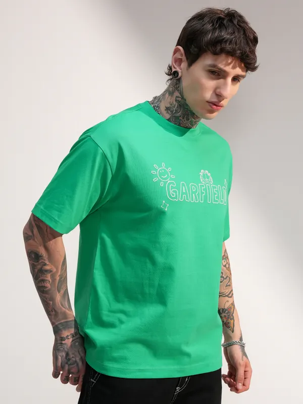 Highlander Men Green Garfield Printed Round Neck T-Shirt
