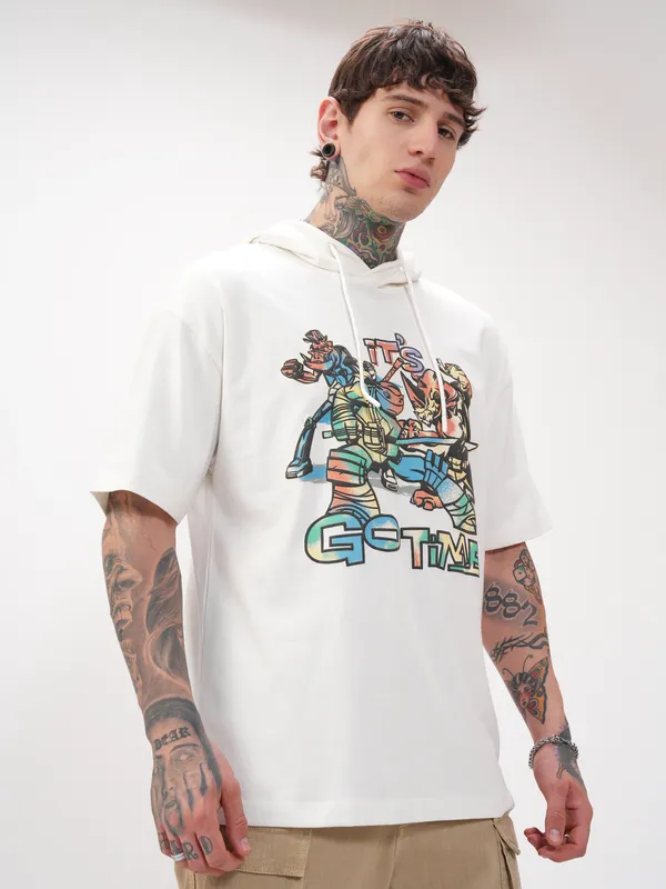 Viacom By Highlander Men White Ninja Turtles Printed Hood Oversized Fit T-Shirt