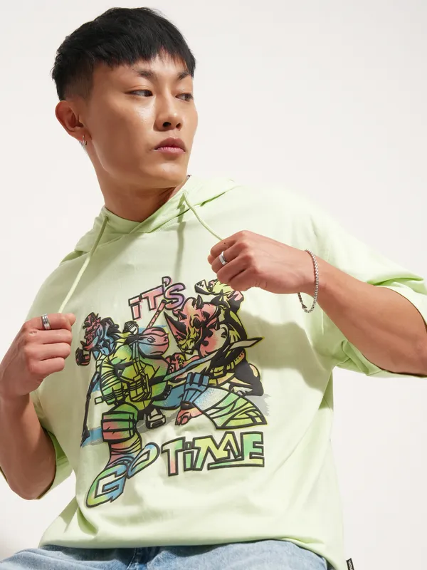 Highlander Men Green Ninja Turtles Printed Hood Oversized Fit T-Shirt