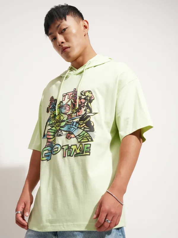 Highlander Men Green Ninja Turtles Printed Hood Oversized Fit T-Shirt