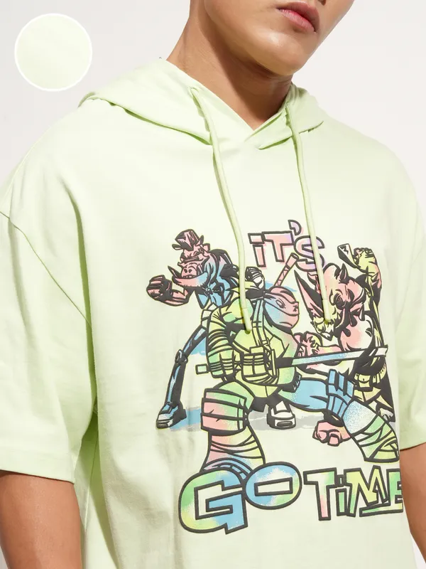 Highlander Men Green Ninja Turtles Printed Hood Oversized Fit T-Shirt