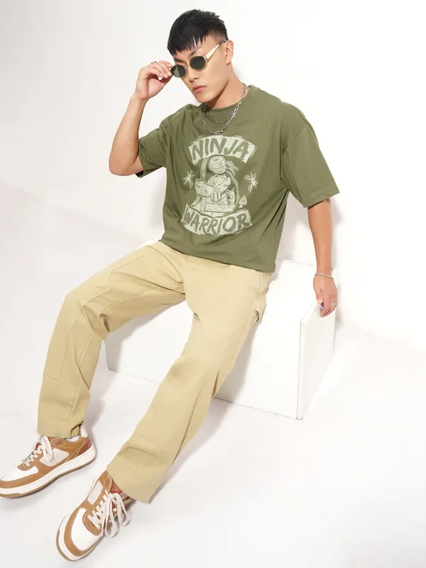 Highlander Men Olive Ninja Turtles Printed Round Neck Oversized Fit T-Shirt