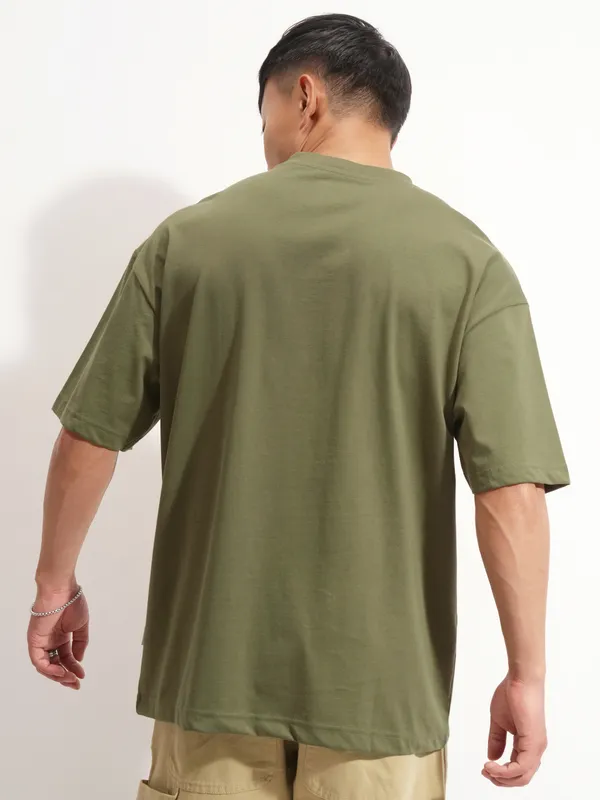 Highlander Men Olive Ninja Turtles Printed Round Neck Oversized Fit T-Shirt