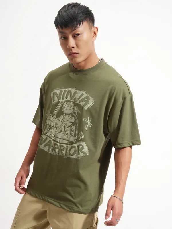Highlander Men Olive Ninja Turtles Printed Round Neck Oversized Fit T-Shirt