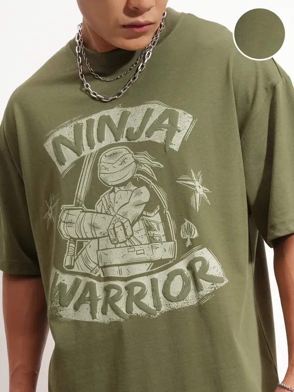 Highlander Men Olive Ninja Turtles Printed Round Neck Oversized Fit T-Shirt