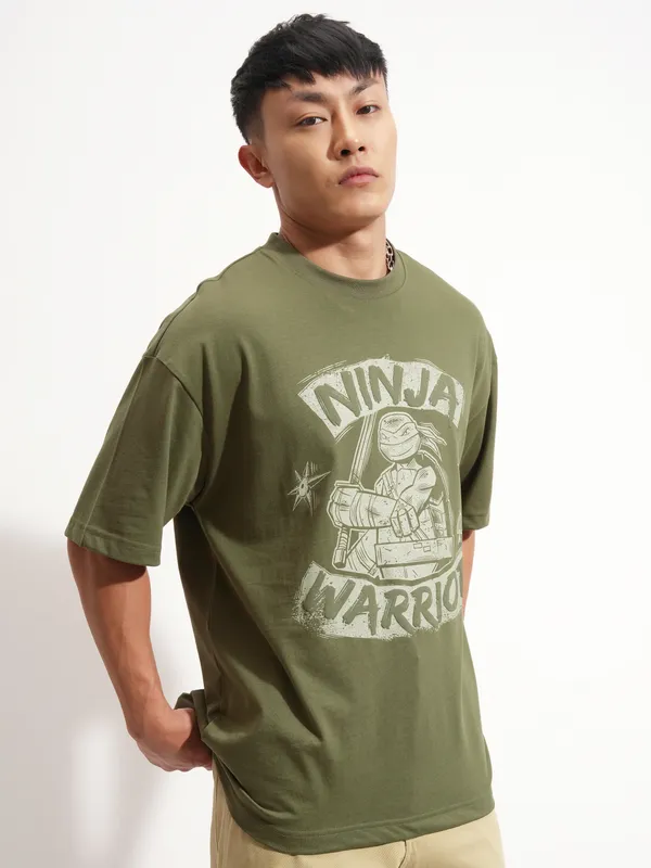 Highlander Men Olive Ninja Turtles Printed Round Neck Oversized Fit T-Shirt