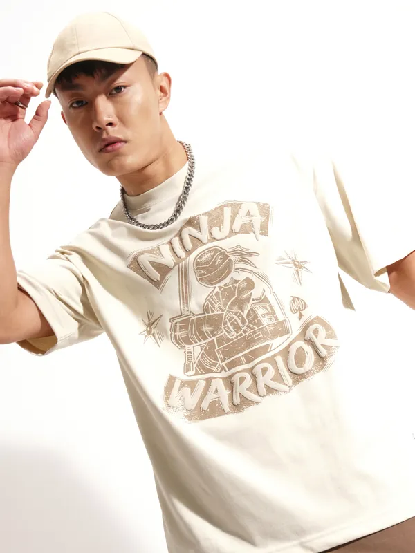 Highlander Men Cream Ninja Turtles Printed Round Neck Oversized Fit T-Shirt