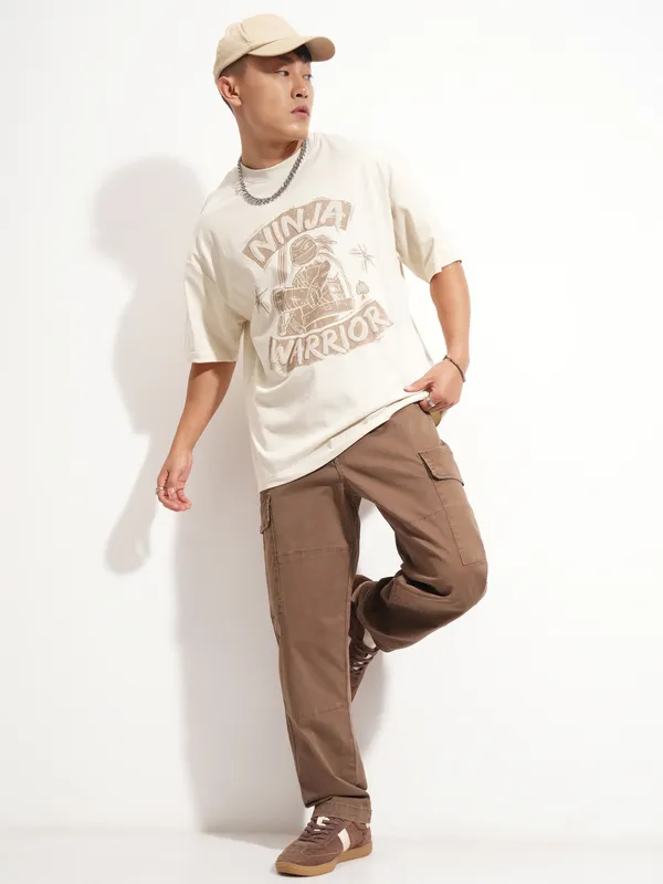 Highlander Men Cream Ninja Turtles Printed Round Neck Oversized Fit T-Shirt