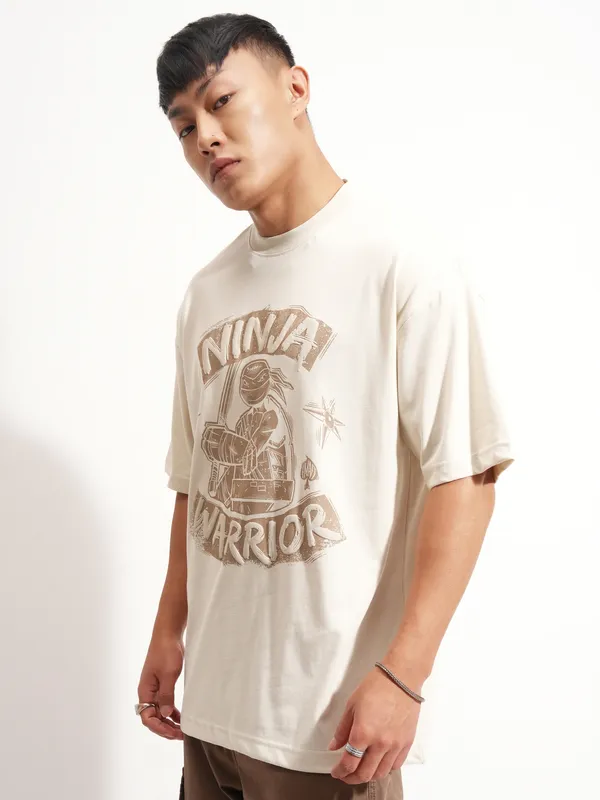 Highlander Men Cream Ninja Turtles Printed Round Neck Oversized Fit T-Shirt