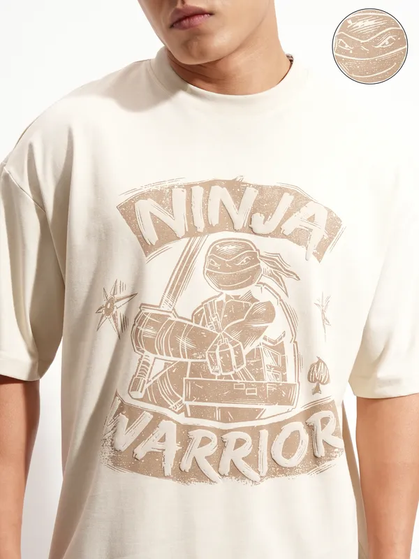 Highlander Men Cream Ninja Turtles Printed Round Neck Oversized Fit T-Shirt