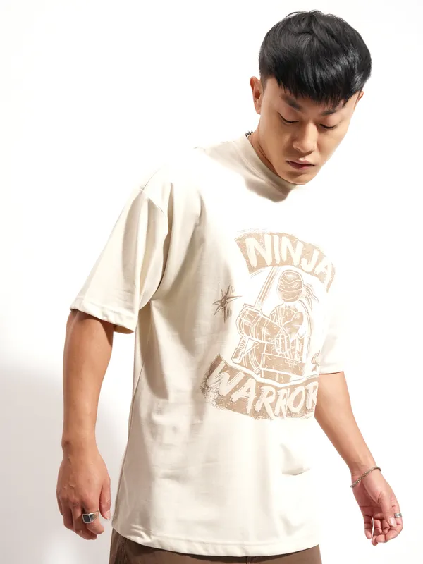 Highlander Men Cream Ninja Turtles Printed Round Neck Oversized Fit T-Shirt