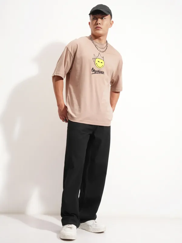 Highlander Men Tan SmileyWorldÃÂ® Printed Round Neck Oversized Fit T-Shirt
