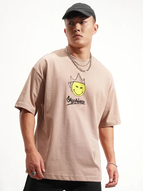 Highlander Men Tan SmileyWorldÃÂ® Printed Round Neck Oversized Fit T-Shirt