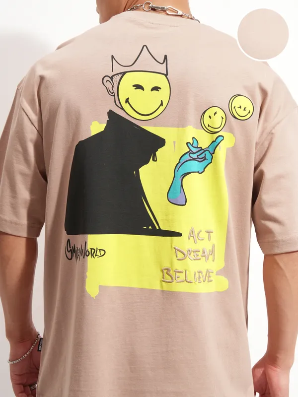 Highlander Men Tan SmileyWorldÃÂ® Printed Round Neck Oversized Fit T-Shirt