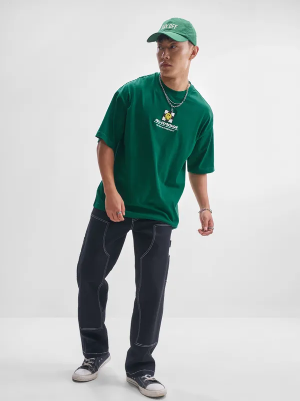 Highlander Men Green SmileyWorldÂ® Printed Round Neck Oversized Fit T-Shirt