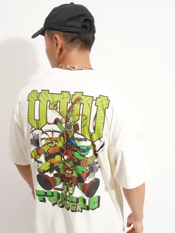 Highlander Men Off White Ninja Turtles Printed Round Neck Oversized Fit T-Shirt