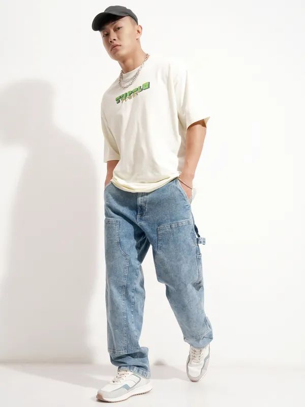 Highlander Men Off White Ninja Turtles Printed Round Neck Oversized Fit T-Shirt