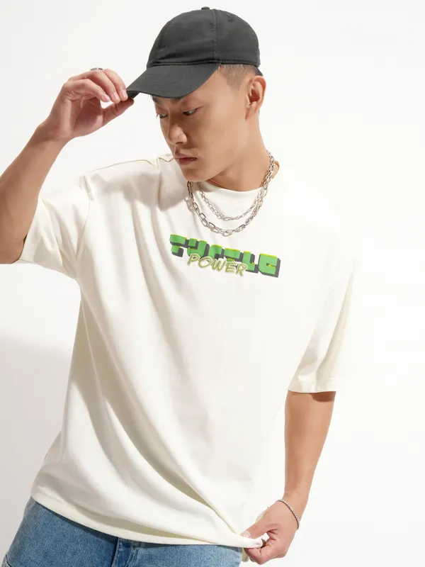 Highlander Men Off White Ninja Turtles Printed Round Neck Oversized Fit T-Shirt