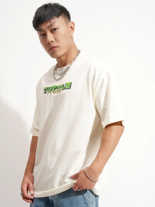 Highlander Men Off White Ninja Turtles Printed Round Neck Oversized Fit T-Shirt