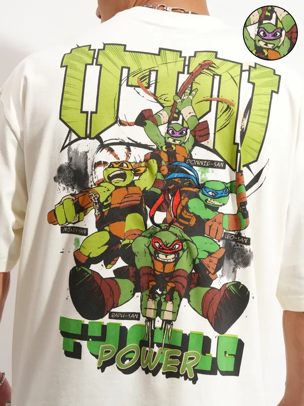 Highlander Men Off White Ninja Turtles Printed Round Neck Oversized Fit T-Shirt