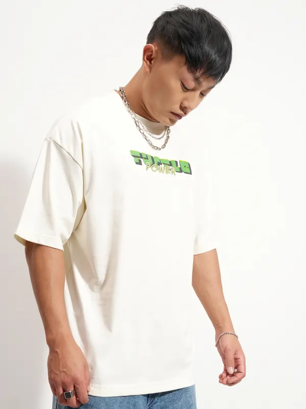 Highlander Men Off White Ninja Turtles Printed Round Neck Oversized Fit T-Shirt