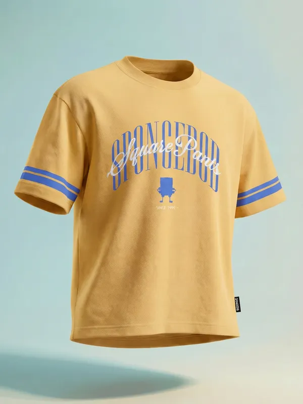 Highlander Men Yellow Spongebob Squarepants Printed Round Neck Oversized Fit T-Shirt