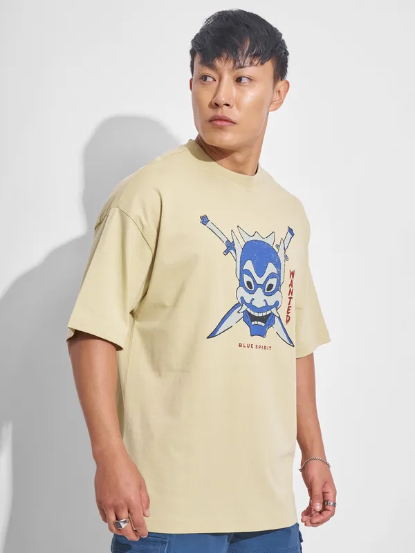 Highlander Men Beige Avatar Printed Round Neck Oversized Fit T-Shirt