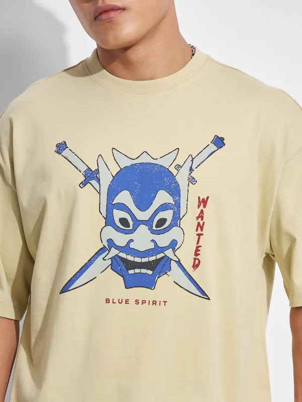 Highlander Men Beige Avatar Printed Round Neck Oversized Fit T-Shirt