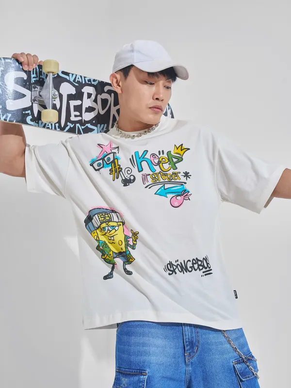 Spongebob Squarepants Men Printed Round Neck Oversized Fit T-Shirt