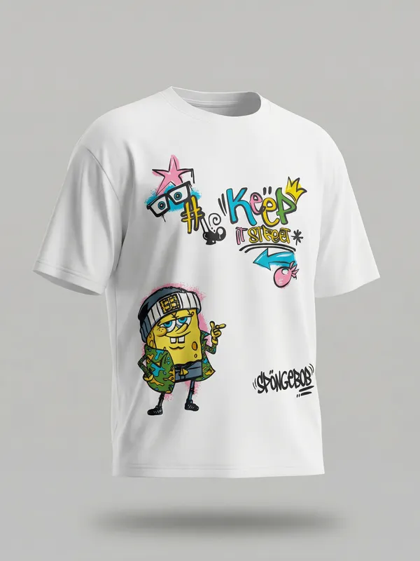 Highlander Men Off White Spongebob Squarepants Printed Round Neck Oversized Fit T-Shirt