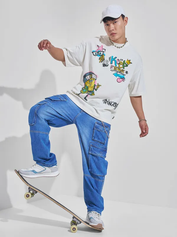 Spongebob Squarepants Men Printed Round Neck Oversized Fit T-Shirt