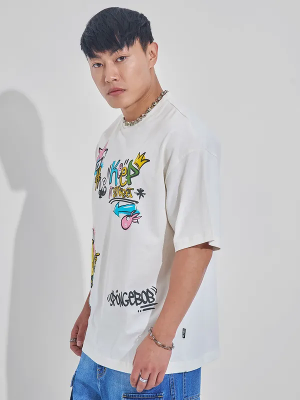 Spongebob Squarepants Men Printed Round Neck Oversized Fit T-Shirt