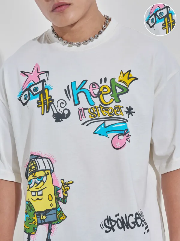 Spongebob Squarepants Men Printed Round Neck Oversized Fit T-Shirt