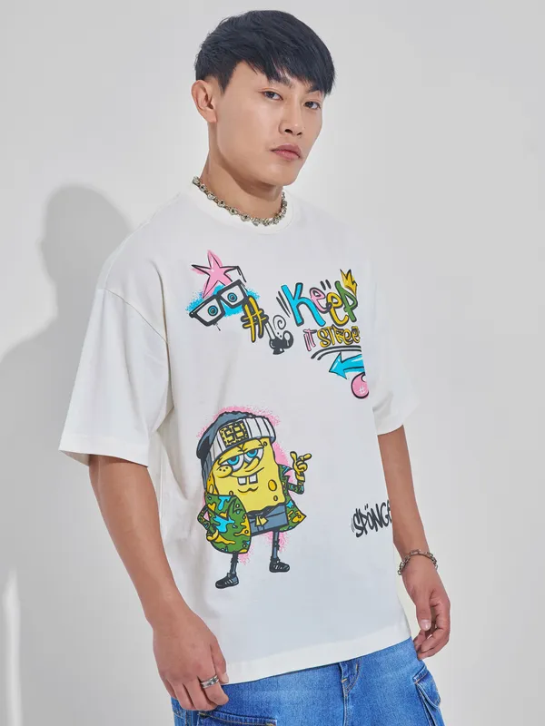 Spongebob Squarepants Men Printed Round Neck Oversized Fit T-Shirt