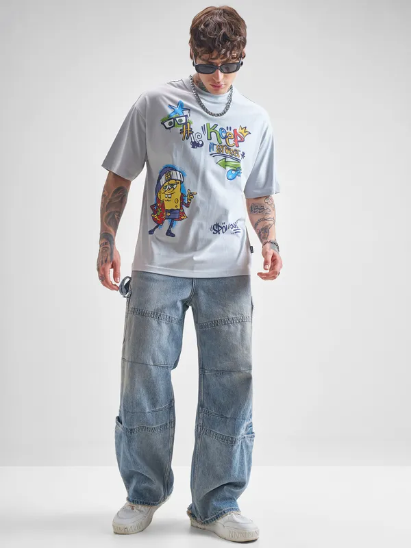 Highlander Men Grey Spongebob Squarepants Printed Round Neck Oversized Fit T-Shirt