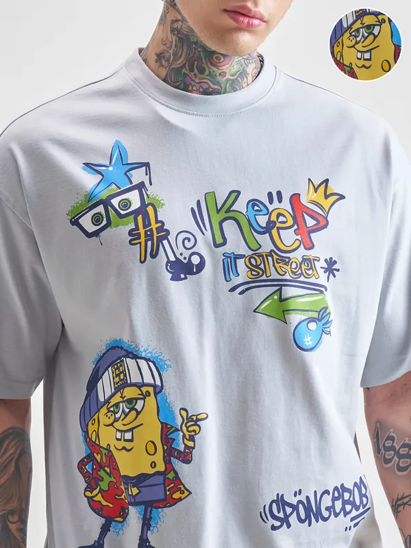Highlander Men Grey Spongebob Squarepants Printed Round Neck Oversized Fit T-Shirt